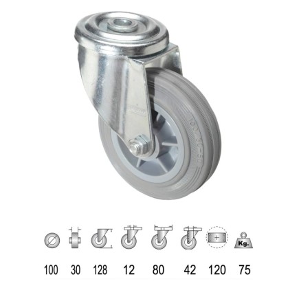 Rueda Industrial Goma Gris Pasante 100 mm,