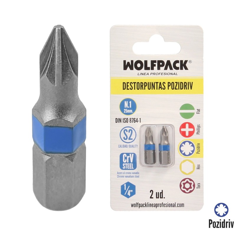 Puntas Destornillador Pozidriv Nº 1 (2 Piezas), Acero S2 al Cromo Vanadio, Puntas Hexagonales, Destorpuntas,