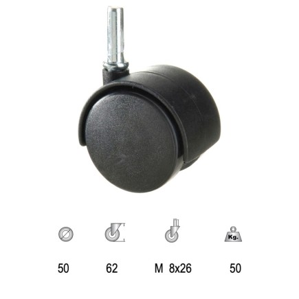 Rueda Domestica Nylon Negro Espiga   50 mm,