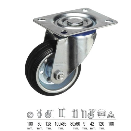 Rueda Industrial Goma Negra Placa  100 mm,