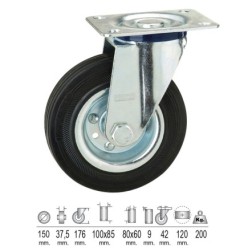 Rueda Industrial Goma Negra Placa  Ø 150 mm,
