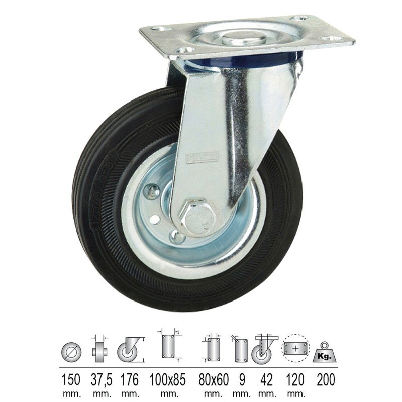 Rueda Industrial Goma Negra Placa  Ø 150 mm,