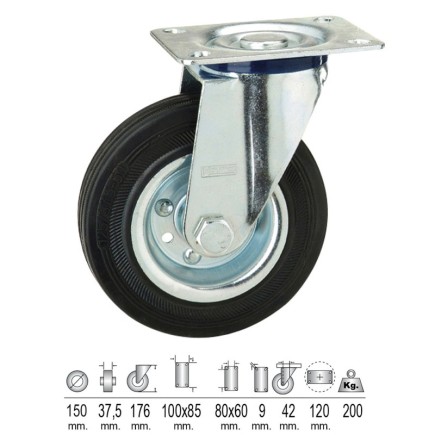 Rueda Industrial Goma Negra Placa  Ø 150 mm,