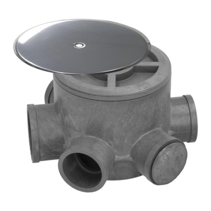 Bote Sifónico PVC Tuberias Ø 110 mm, Salidas Ø 50 y 40 mm, Altura 105 mm,