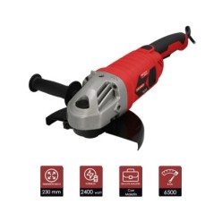 Amoladora Angular 2,400 Watt, Disco Ø 230 mm, 6,500 R,P,M, Mango 3 Posiciones Eje M14 Protector Disco Ajustable, Anti arranque