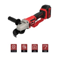 Amoladora A Bateria 20 Volt, Con Bateria 4,0 Ah, Ø 115 mm, 7,000 R,P,M, Mango 3 Posiciones Eje M14 Protector Disco Ajustable
