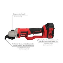 Amoladora A Bateria 20 Volt, Con Bateria 4,0 Ah, Ø 115 mm, 7,000 R,P,M, Mango 3 Posiciones Eje M14 Protector Disco Ajustable