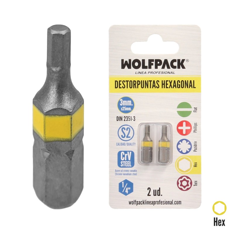 Puntas Destornillador Hexagonal 3,0 mm, (2 Piezas), Acero S2 al Cromo Vanadio, Puntas Hexagonales, Destorpuntas,