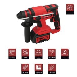 Martillo SDS PLUS A Bateria 20 Volt, Con Bateria 4,0 Ah, 1,400 R,P,M, 3 Funciones Cincelar, Perforar y Perforar con Martillo