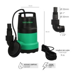 Bomba Aguas Limpias Sumergible 250 Watt, 5,500 lts/hora, Profundidad 5 Mts, Elevación 4,5 mts, Particulas max, Ø 2-3 mm,