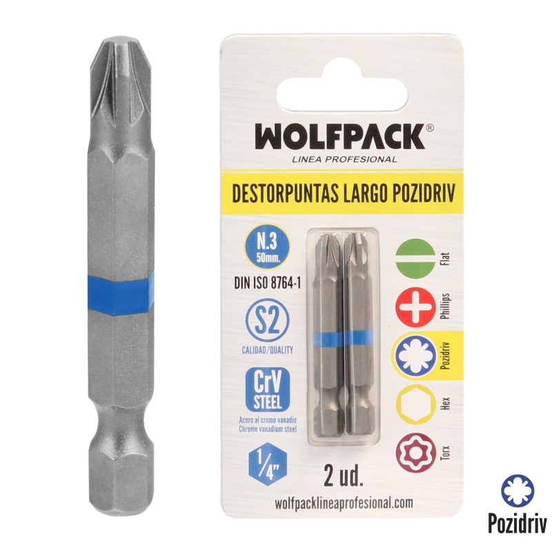 Destorpuntas Largo Pozidriv Nº 3 (2 Piezas) Acero S2 al Cromo Vanadio, Puntas Hexagonales, Destorpuntas,