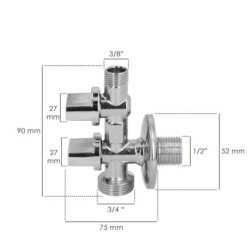 Llave De Escuadra Doble Salida 3/4" y 3/8", Entrada De 1/2", Llave De Paso Doble, Llave Angular Doble, Toma Lavadora Doble,