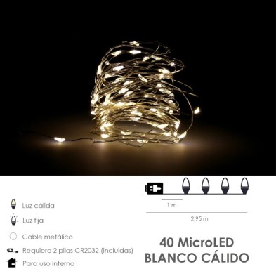 Guirnalda Luces Navidad Microled 40 Leds Color Blanco Calido, Luz navidad interiores IP20 A Pilas (3 AA No Incluidas)