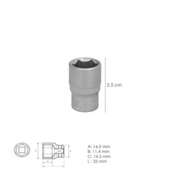 Llave Vaso 1/4" Hexagonal 12 mm, Perfil de 6 caras, Acero Cromo Vanadio, Aristas Redondas