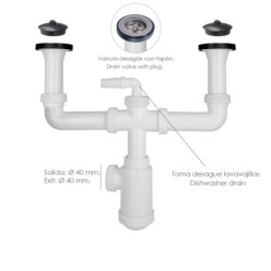 Sifon Doble Con Valvula Extensible 1-1/2" Con Sumideros De Ø 70 mm, Sifon Fregadero Cocina, Sifon Evacuación