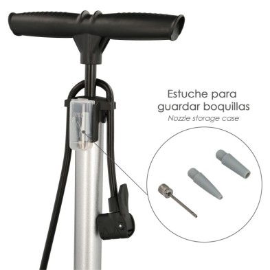 Bomba Inflar Bicicleta Con Manometro, Doble Boquilla Valvula Presta y Schrader, Con Adaptadores, Ø 32 x 500 mm, 10 BAR / 160 PSI