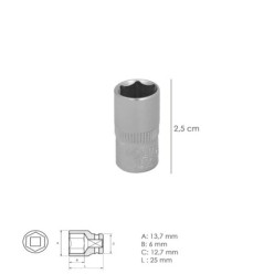 Llave Vaso 1/4" Hexagonal 10 mm, Perfil de 6 caras, Acero Cromo Vanadio, Aristas Redondas