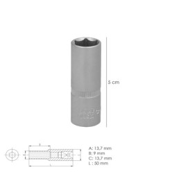 Llave Vaso 1/4" Hexagonal Larga 10 mm, Perfil de 6 caras, Acero Cromo Vanadio, Aristas Redondas