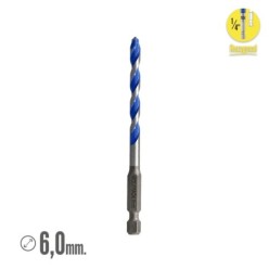 Broca Universal Hexagonal  Ø 6,0 mm, (Blister 1 Pieza) Broca Azulejos, Cerámica, Mármol, Hormigón, Metal, Madera, Plástico