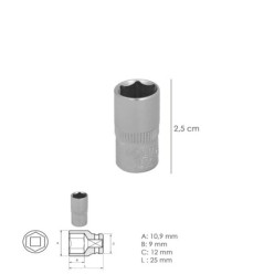 Llave Vaso 1/4" Hexagonal 7 mm, Perfil de 6 caras, Acero Cromo Vanadio, Aristas Redondas
