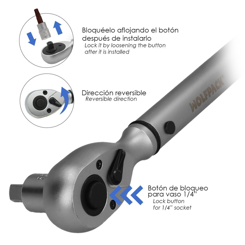 Llave Dinamometrica 1/4" Con 9 Puntas Hexagonales y 5 Vasos, Llave De Torque Camiones, Coches, Motos, Micro Ajustes, Acero CRV a