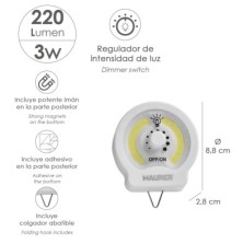 Linterna LED Armario Dinmerable A Pilas (3 AAA) 220 Lumenes Con Iman, Gancho y Adhesivo