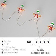 Guirnalda Luces Navidad A Pilas 20 Leds Muñecos de Nieve, Luz Calida Uso Interno IP20
