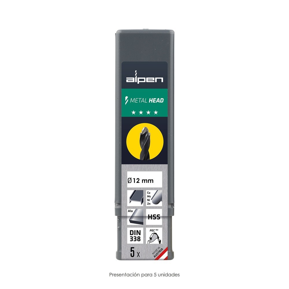 Broca Alpen Hss Metal Head Ø 12,00 mm, Tecnologia PEC 3 Filos Corte, Antideslizante, Vastago 3 Caras, Mas Rapida, Menor Esfuerzo