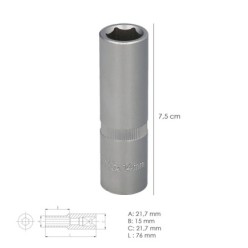 Llave Vaso 1/2" Hexagonal Larga 14 mm, Perfil de 6 caras, Acero Cromo Vanadio, Aristas Redondas