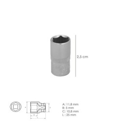 Llave Vaso 1/4" Hexagonal 8 mm, Perfil de 6 caras, Acero Cromo Vanadio, Aristas Redondas
