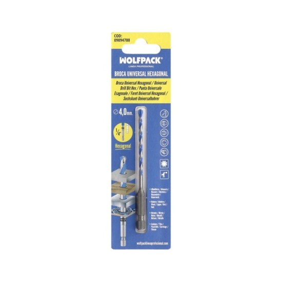 Broca Universal Hexagonal  Ø 4,0 mm, (Blister 1 Pieza) Broca Azulejos, Cerámica, Mármol, Hormigón, Metal, Madera, Plástico al po