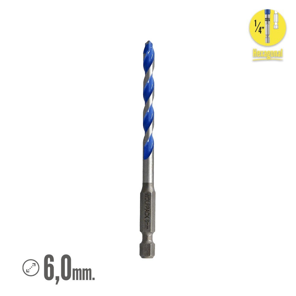 Broca Universal Hexagonal  Ø 6,0 mm, (Blister 1 Pieza) Broca Azulejos, Cerámica, Mármol, Hormigón, Metal, Madera, Plástico al po