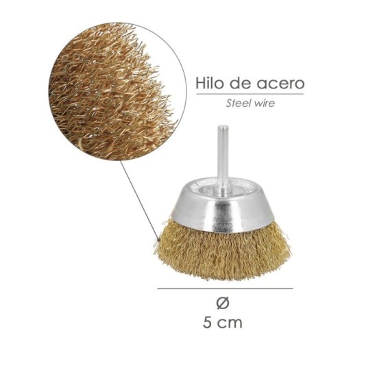 Cepillo Acero Latonado Para Taladro Taza Ø 50 mm, Espiga 1/4" Cepillo Taladro Alambre Latón, Cepillo Limpieza, Cepillo Pulir, al