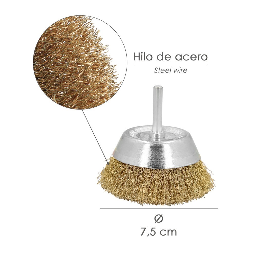 Cepillo Acero Latonado Para Taladro Taza Ø 75 mm, Espiga 1/4" Cepillo Taladro Alambre Latón, Cepillo Limpieza, Cepillo Pulir, al