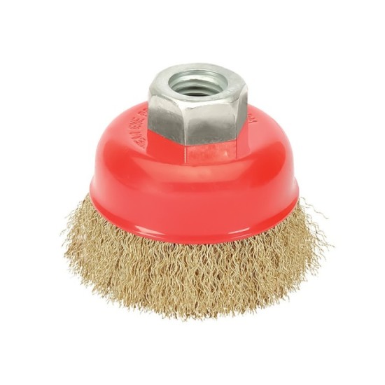 Cepillo Taza Con Alambre De Acero Latonado Rosca M14, Ø 65 mm, Alambre de Ø 0,30 mm, al por Mayor | Almacén de Ferretería