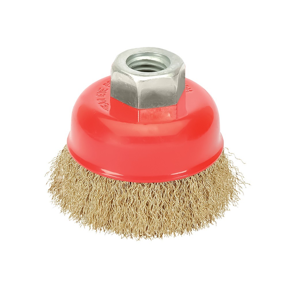 Cepillo Taza Con Alambre De Acero Latonado Rosca M14, Ø 65 mm, Alambre de Ø 0,30 mm, al por Mayor | Almacén de Ferretería