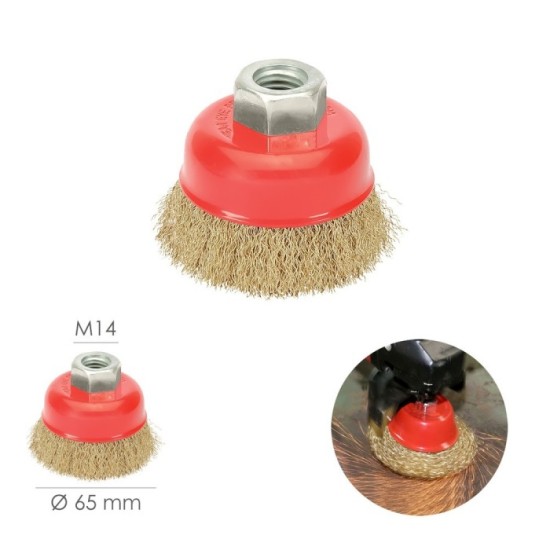 Cepillo Taza Con Alambre De Acero Latonado Rosca M14, Ø 65 mm, Alambre de Ø 0,30 mm, al por Mayor | Almacén de Ferretería