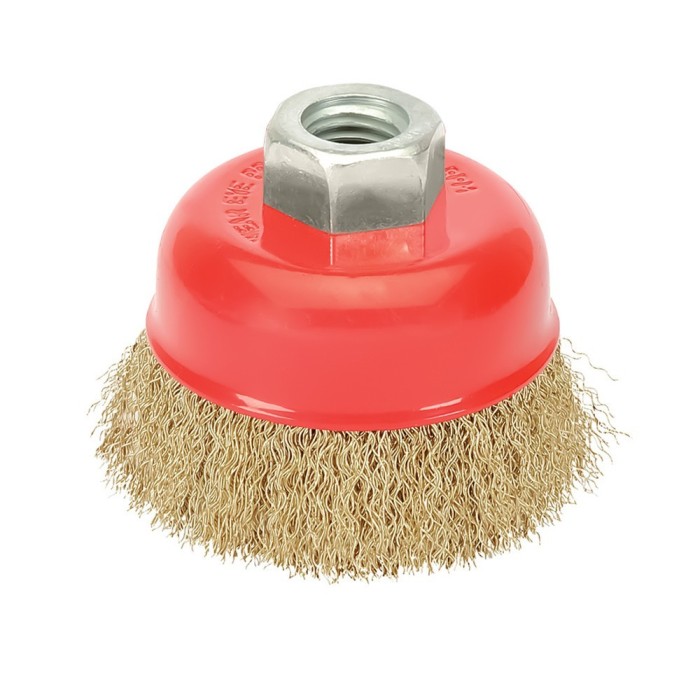 Cepillo Taza Con Alambre De Acero Latonado Rosca M14, Ø 100 mm, Alambre de Ø 0,30 mm, al por Mayor | Almacén de Ferretería