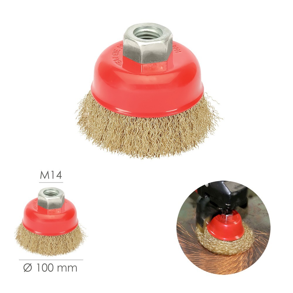 Cepillo Taza Con Alambre De Acero Latonado Rosca M14, Ø 100 mm, Alambre de Ø 0,30 mm, al por Mayor | Almacén de Ferretería