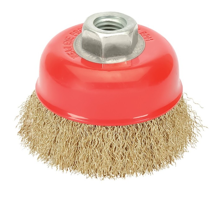 Cepillo Taza Con Alambre De Acero Latonado Rosca M14, Ø 120 mm, Alambre de Ø 0,30 mm, al por Mayor | Almacén de Ferretería