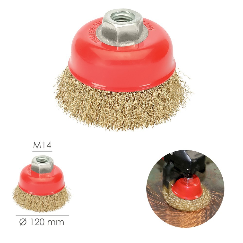 Cepillo Taza Con Alambre De Acero Latonado Rosca M14, Ø 120 mm, Alambre de Ø 0,30 mm, al por Mayor | Almacén de Ferretería
