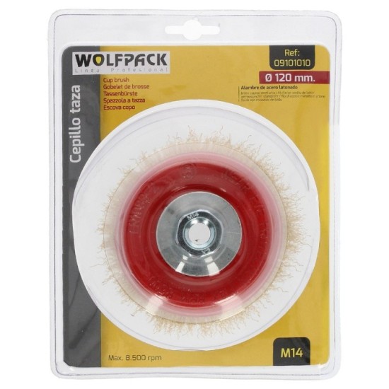 Cepillo Taza Con Alambre De Acero Latonado Rosca M14, Ø 120 mm, Alambre de Ø 0,30 mm, al por Mayor | Almacén de Ferretería