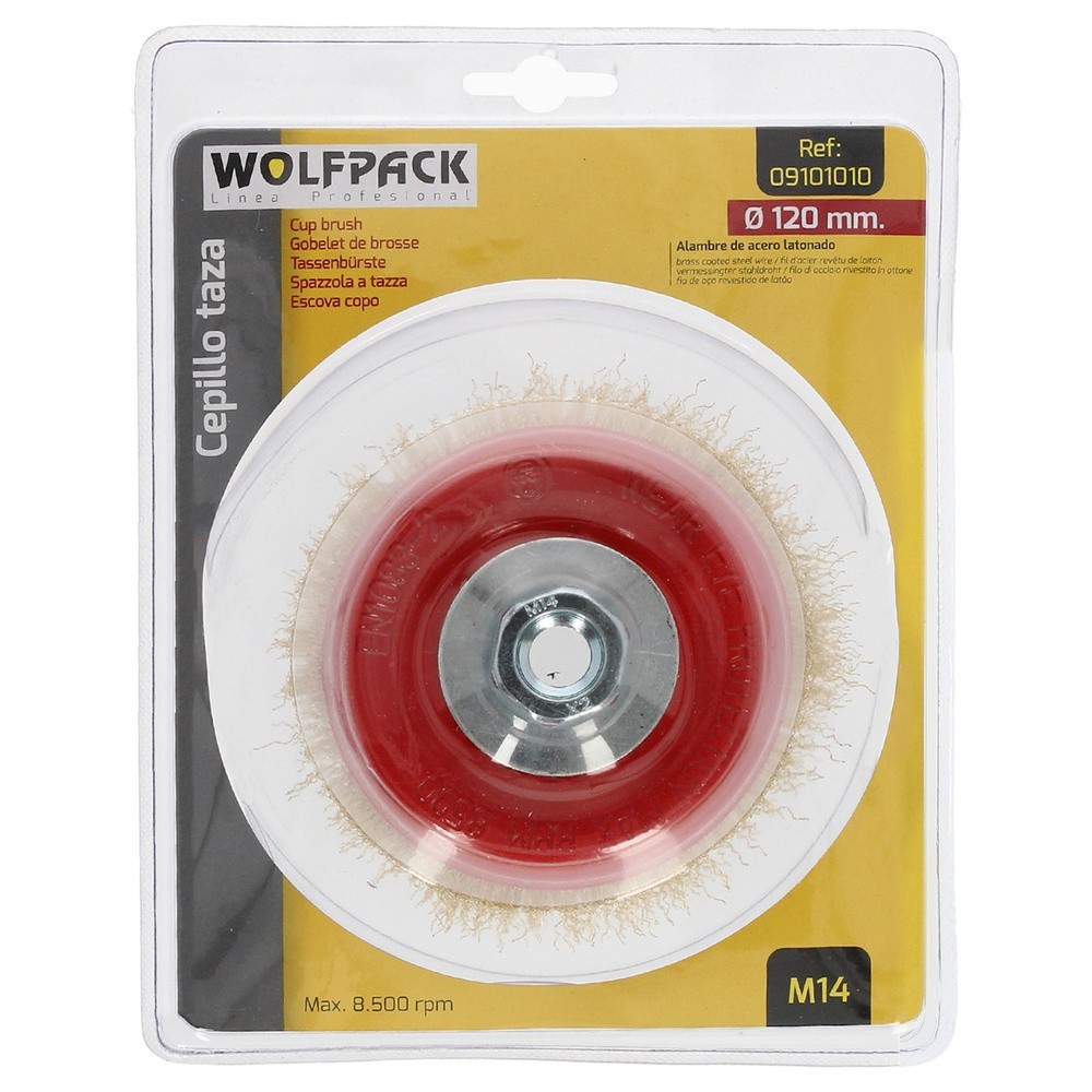 Cepillo Taza Con Alambre De Acero Latonado Rosca M14, Ø 120 mm, Alambre de Ø 0,30 mm, al por Mayor | Almacén de Ferretería