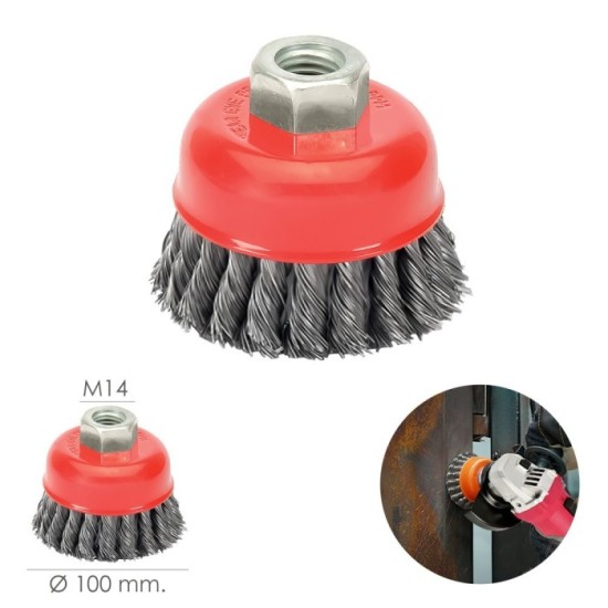 Cepillo Taza Con Alambre De Acero Trenzado Rosca M14, Ø 100 mm, Alambre de Ø 0,50 mm, al por Mayor | Almacén de Ferretería