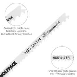 Hoja Larga Sierra Calar Para Madera / Metal / Plástico Corte Medio/Grueso 5 Piezas, Hoja Cromo Vanadio 58, Vastago T Universal,