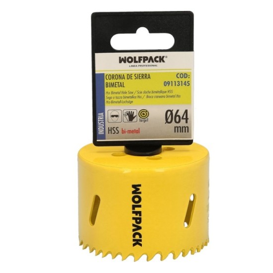 Corona Sierra Bimetal Ø 64 mm, Templado Termico, Base Reforzada, Corona Madera, Broca Agujeros Madera, Acero, Hierro, Plasticos 
