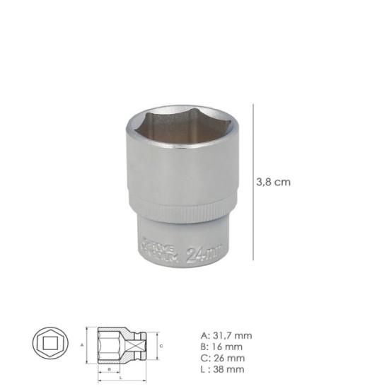 Llave Vaso 1/2" Hexagonal 24 mm, Perfil de 6 caras, Acero Cromo Vanadio, Aristas Redondas al por Mayor | Almacén de Ferretería