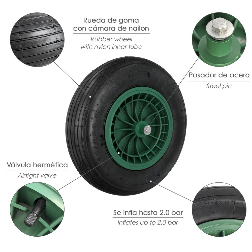 Rueda Carretilla Neumatica Para Carretilla Obra / Jardin Llanta Plastico Eje Ø 20 mm, Rueda Carretilla Jardin, Carro Invernadero