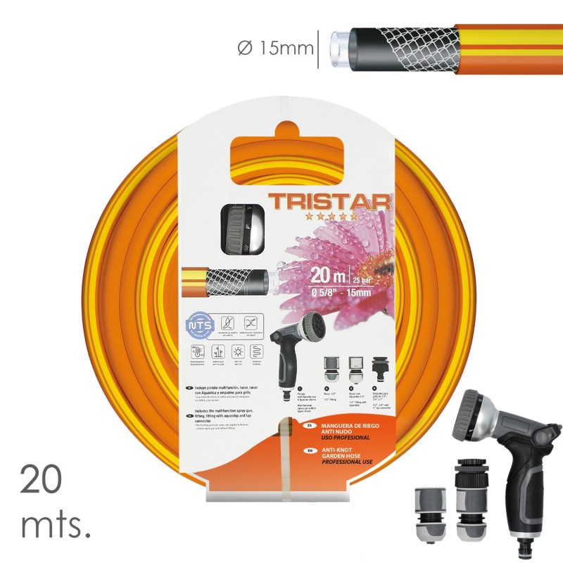 Manguera Tricotado No Torsion 15 mm, - 5/8" Rollo 20 Metros Con Kit de Riego