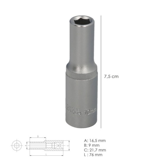 Llave Vaso 1/2" Hexagonal Larga 10 mm, Perfil de 6 caras, Acero Cromo Vanadio, Aristas Redondas al por Mayor | Almacén de Ferret